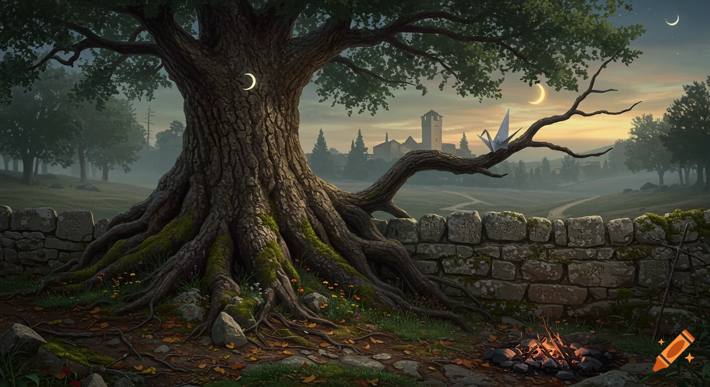 Fantasy landscape of an ancient tree, stone wall, distant castle, and origami crane under a crescent moon.