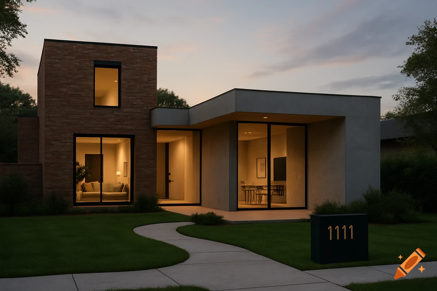 A contemporary brick and cement house at dusk, with illuminated windows and the address 1111 on a post.