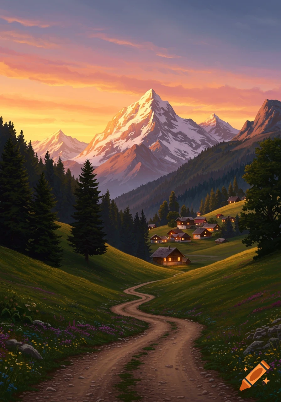 A winding dirt road leads through a green valley to a mountain village with illuminated homes, under a snow-capped peak and orange sunset.