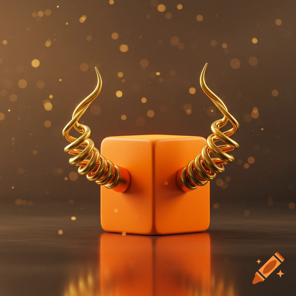 An orange cuboid with golden spiral horns on a reflective dark surface, surrounded by golden bokeh lights.