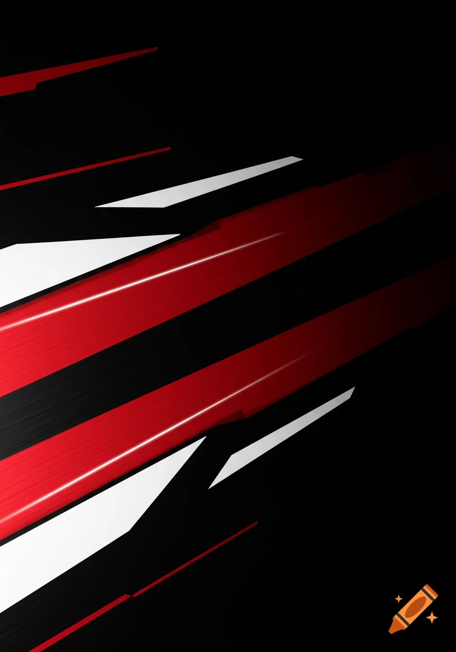 Dynamic black background with diagonal red and white stripes and geometric shapes.