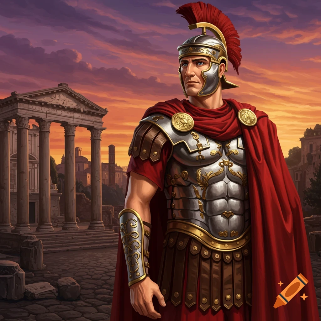 A Roman leader in ornate armor and a red cape stands before ancient ruins at sunset.