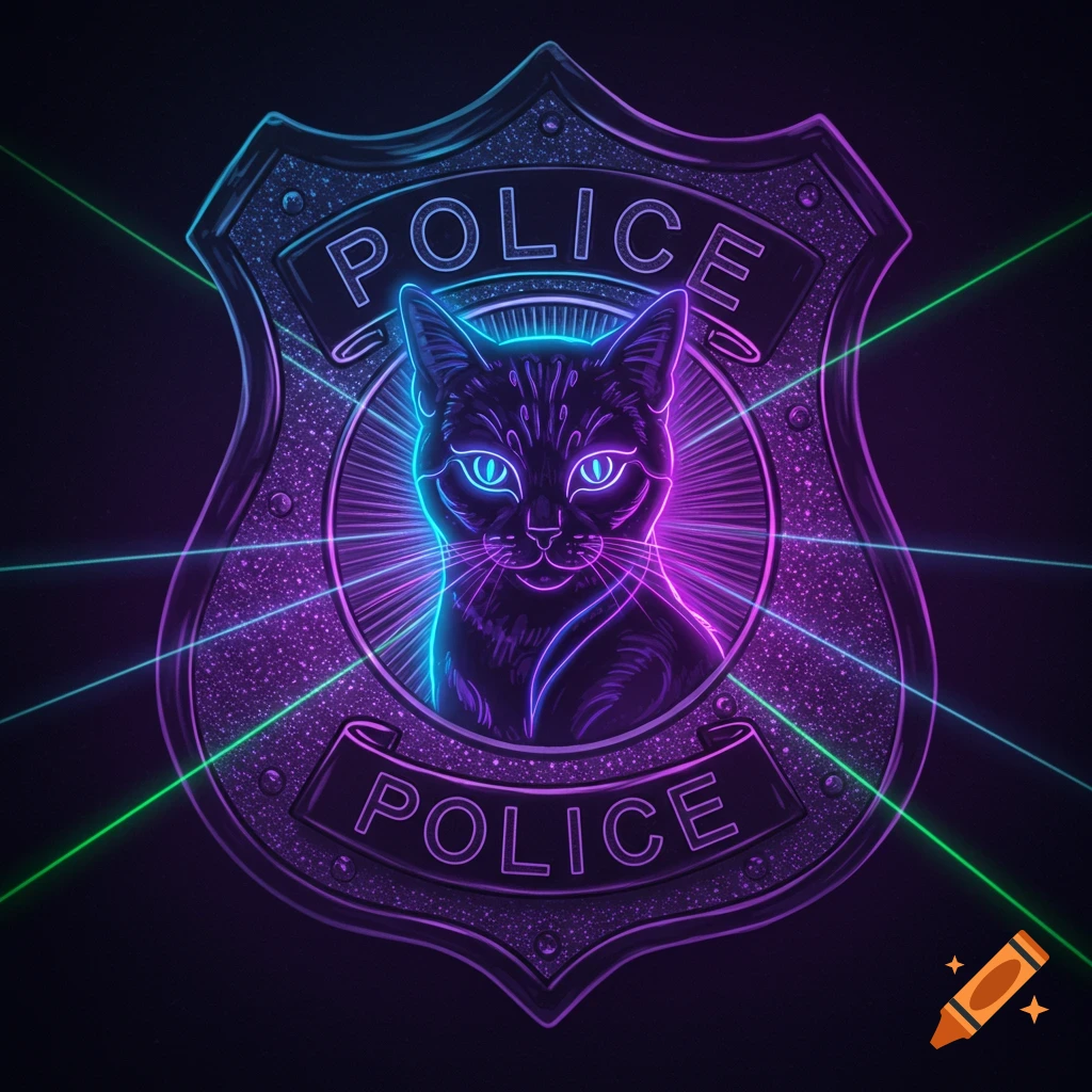 A glowing neon cat with blue eyes sits inside a glittery police badge, with neon green lasers crossing the dark background.