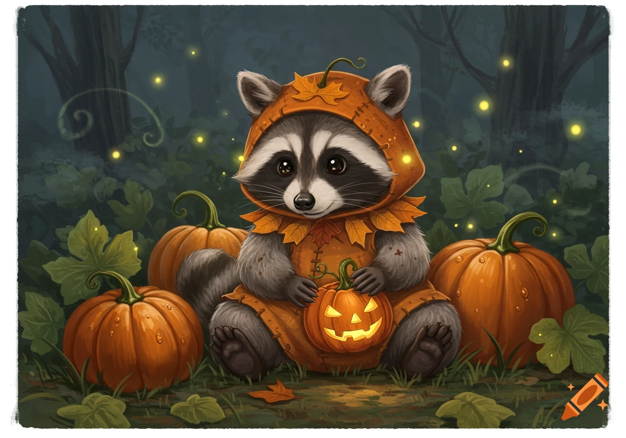 A cute cartoon raccoon wearing an orange pumpkin costume sits among several pumpkins in a dark, glowing forest at night.