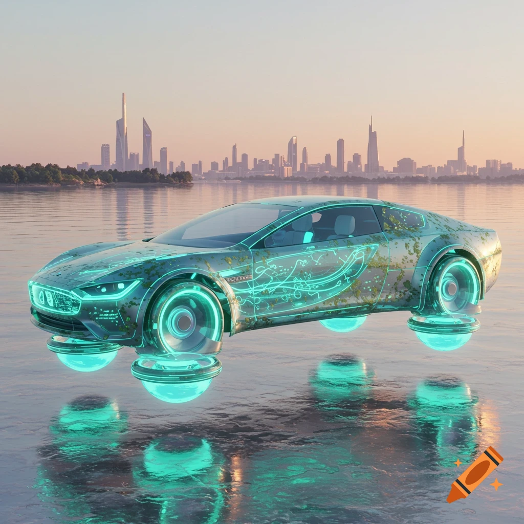 A futuristic glowing green hovercar with moss-like details floats over water with a city skyline at sunset.