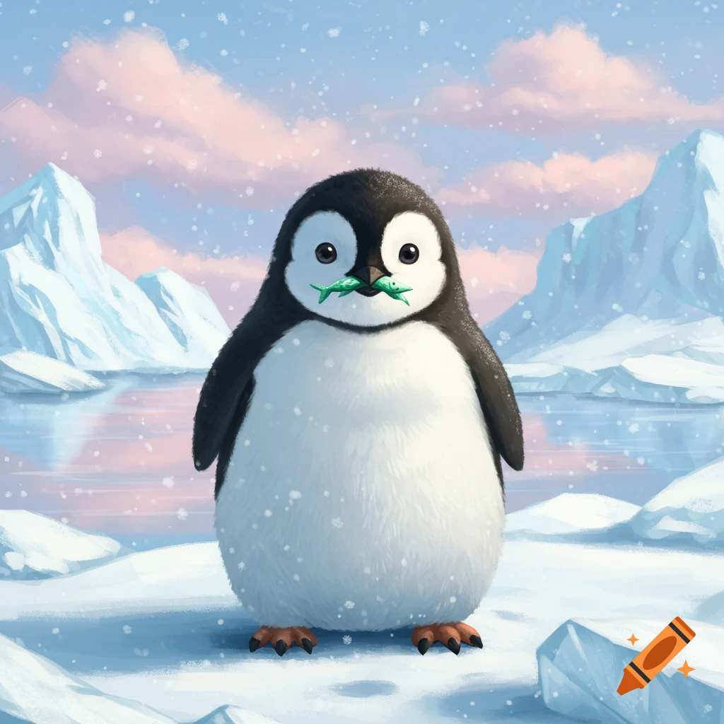 A cute fluffy baby penguin stands in a snowy arctic landscape, holding two tiny green fish in its mouth.