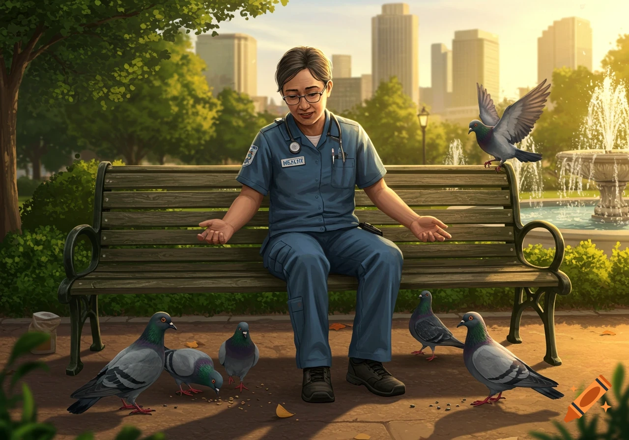 A person in a blue uniform with glasses sits on a park bench, offering food to several pigeons on the ground and one on the bench, with a city skyline and fountain in the background.