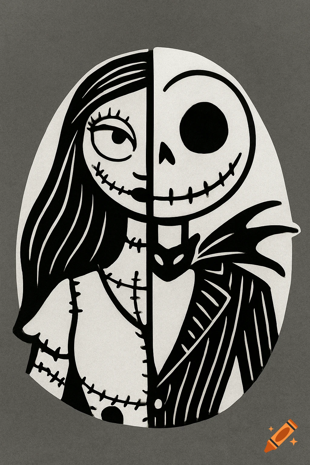 High-contrast black and white stencil of Jack Skellington and Sally from Nightmare Before Christmas, split vertically.