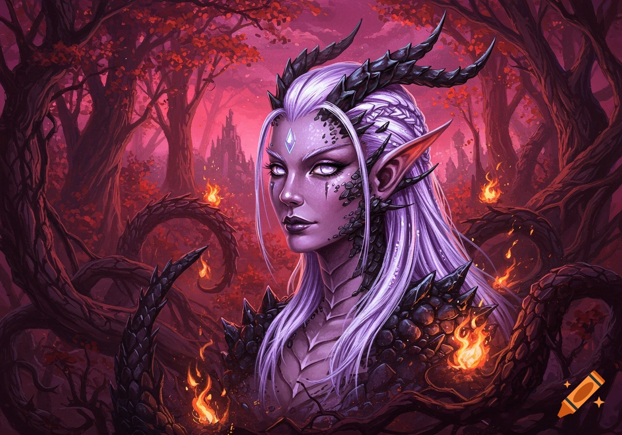 Purple-skinned elf-dragon woman with white hair, horns, and scales, in a dark red fantasy forest with glowing fires.