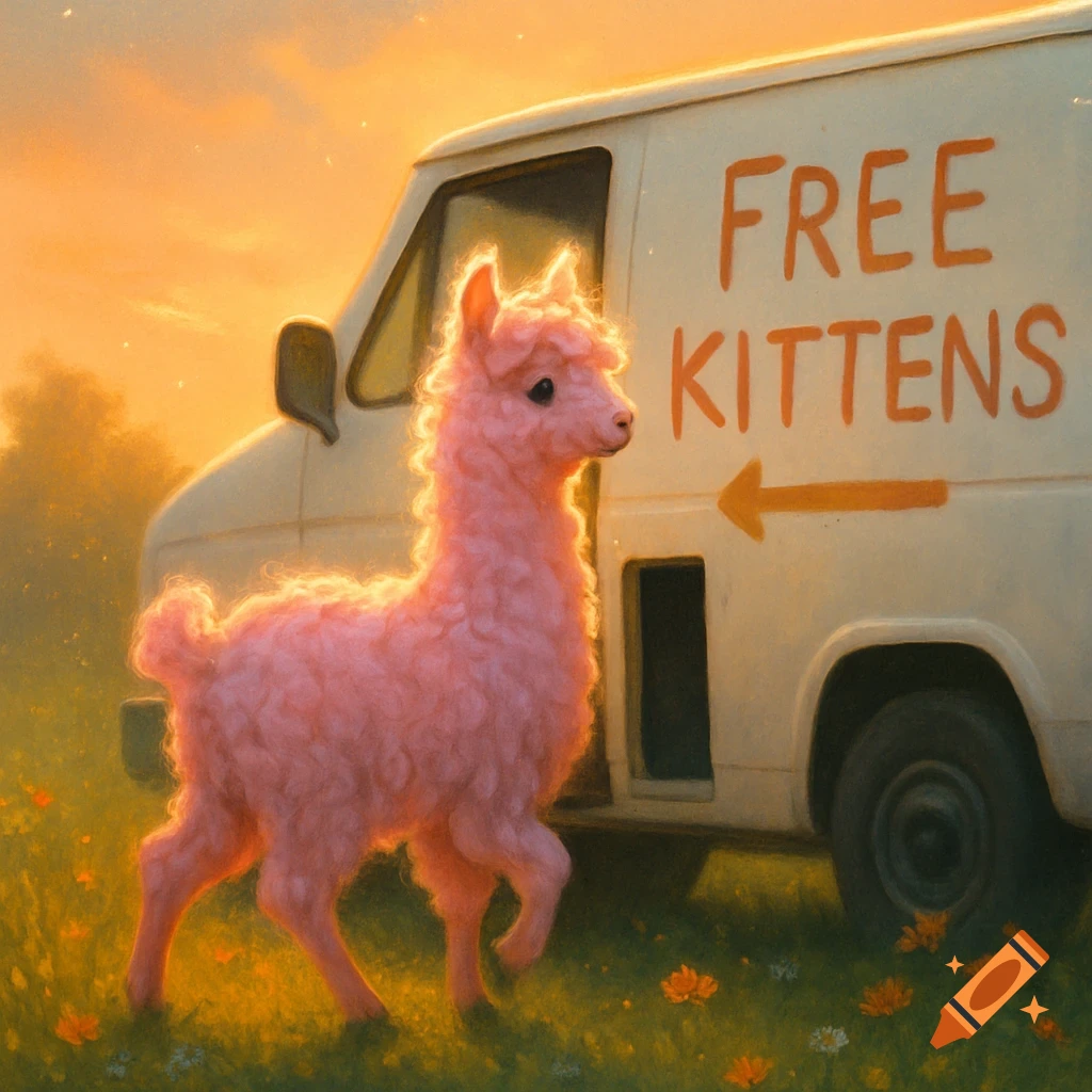 A glowing pink llama stands in a field of flowers next to a white van with 'FREE KITTENS' painted on its side, under a warm sunset sky, digital painting.