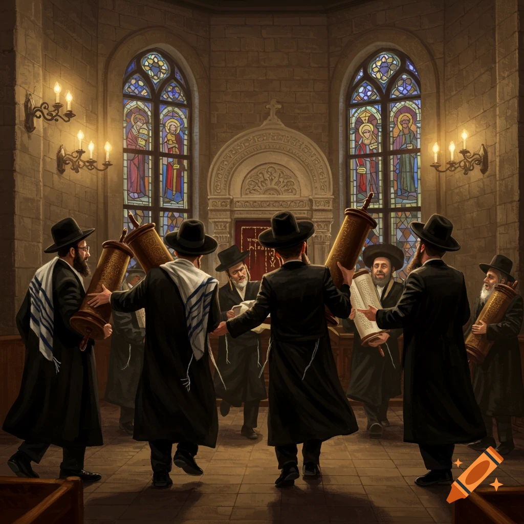Jewish men in hats and prayer shawls dancing with Torah scrolls in a synagogue with stained glass windows.