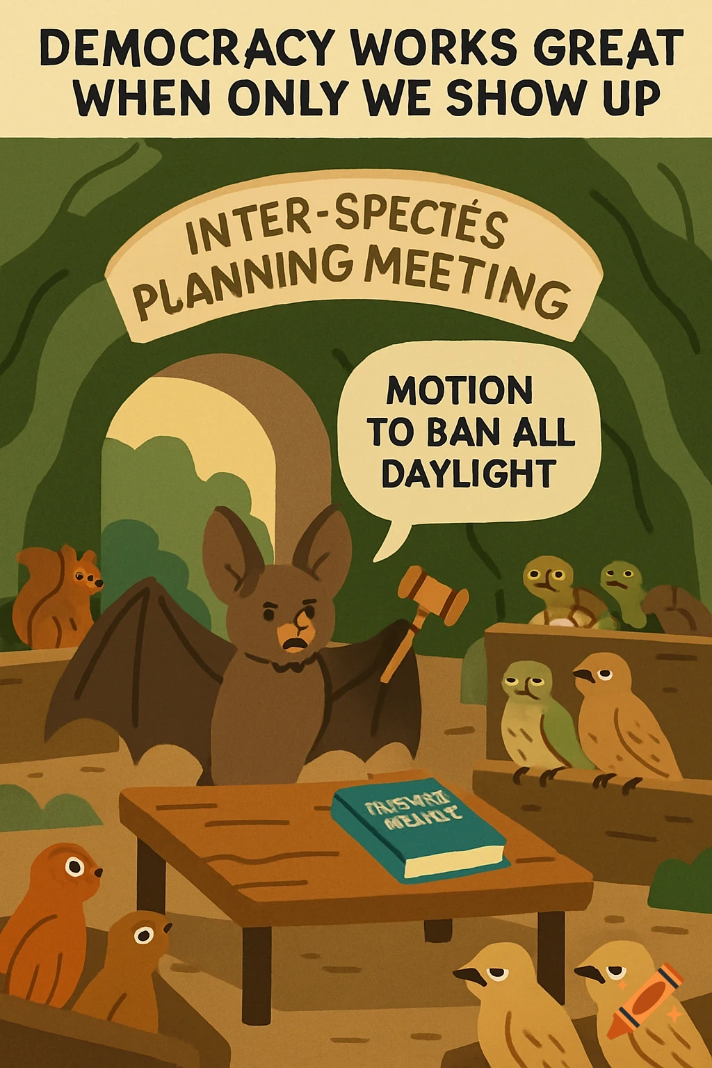 A flat vector illustration of a bat with a gavel leading an "Inter-species Planning Meeting" in a cave, saying "Motion to ban all daylight." Other animals like squirrels, turtles, and birds attend. A book titled "FAJSNRT MEIHDE" is on the table. The caption reads, "DEMOCRACY WORKS GREAT WHEN ONLY WE SHOW UP."