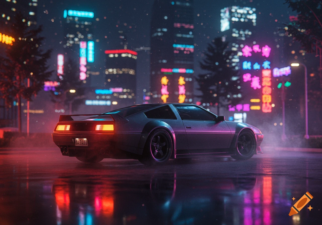 A sleek, dark car sits on a wet street at night, reflecting vibrant neon lights from a futuristic cyberpunk city background, in a moody photorealistic style.