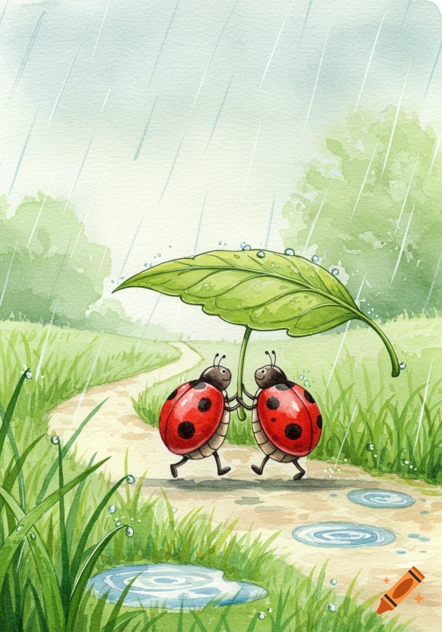 Two happy ladybugs walk hand-in-hand under a large green leaf umbrella on a rainy path in a watercolor meadow illustration.