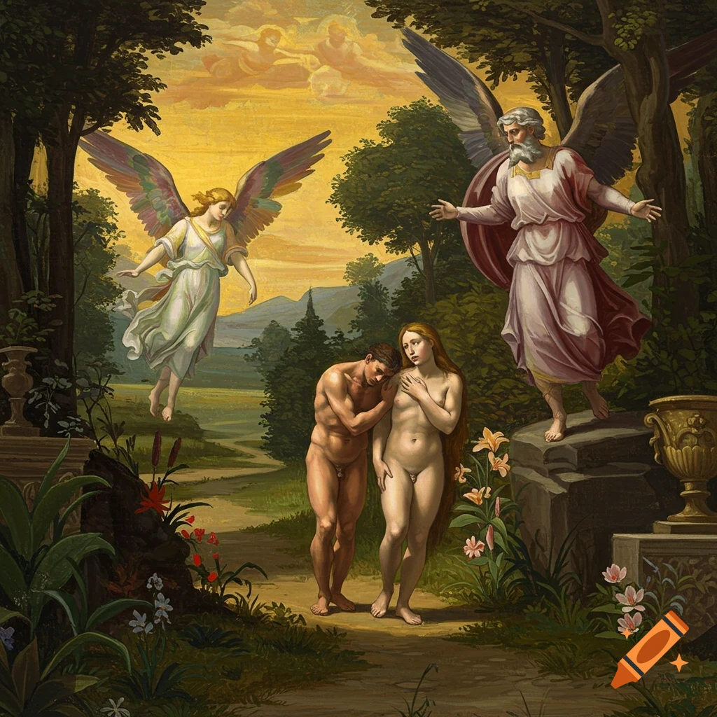 Classical painting depicting Adam and Eve being expelled from the Garden of Eden by God and an angel.