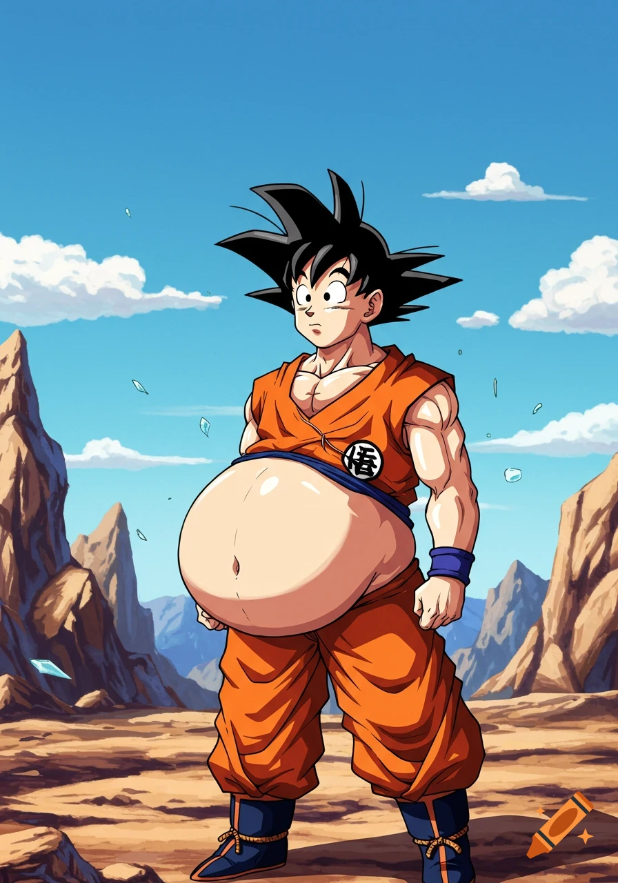 Goku with a huge, bloated stomach stands in a barren, rocky landscape under a blue sky, in a vibrant anime style.