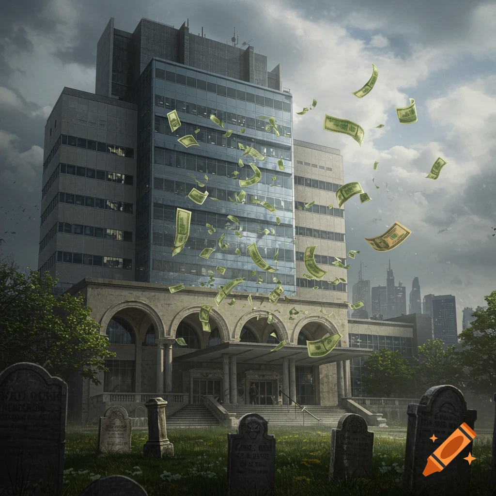 Photorealistic image of a large hospital building with dollar bills flying out, surrounded by tombstones in an urban setting.
