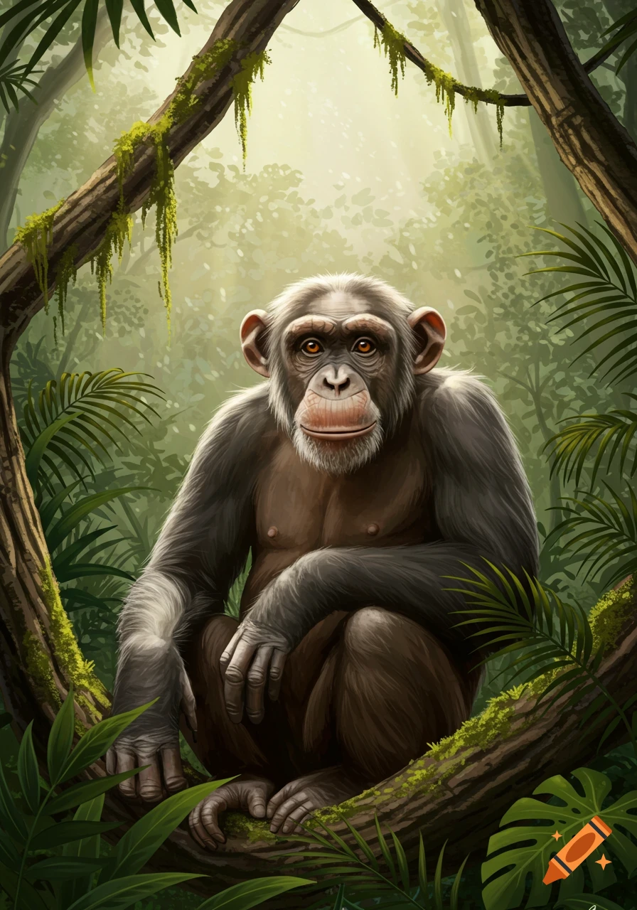 A detailed illustration of a chimpanzee sitting on a mossy branch in a sunlit jungle.