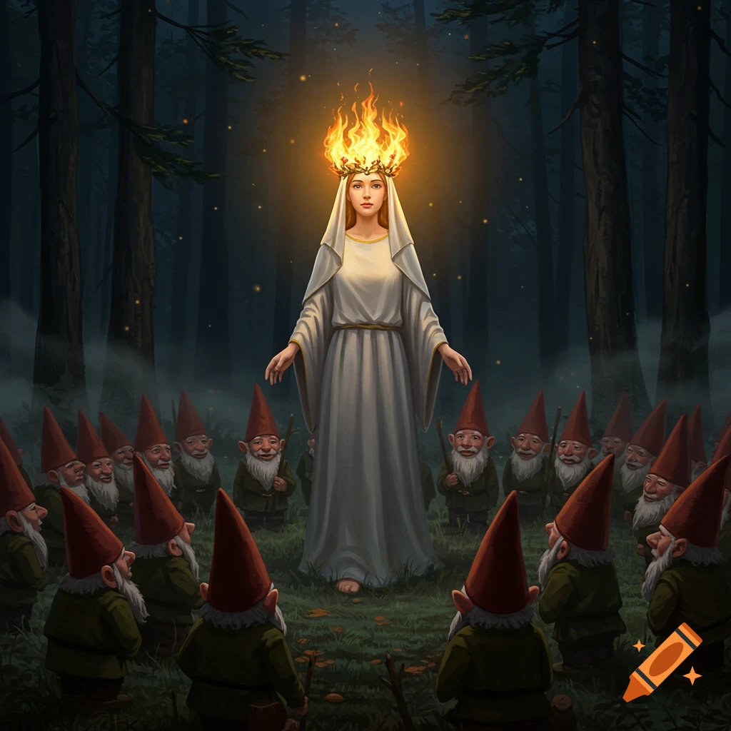 Saint Lucy with a fiery crown stands before an army of gnomes in a dark forest, fantasy illustration.