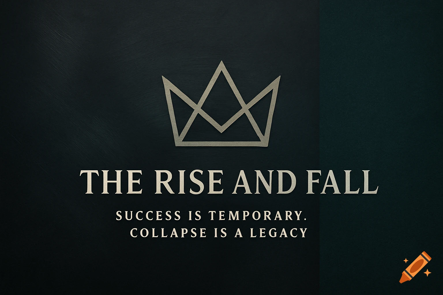 A dark, textured background with a minimalist silver crown icon above the text 'THE RISE AND FALL' and a tagline below.