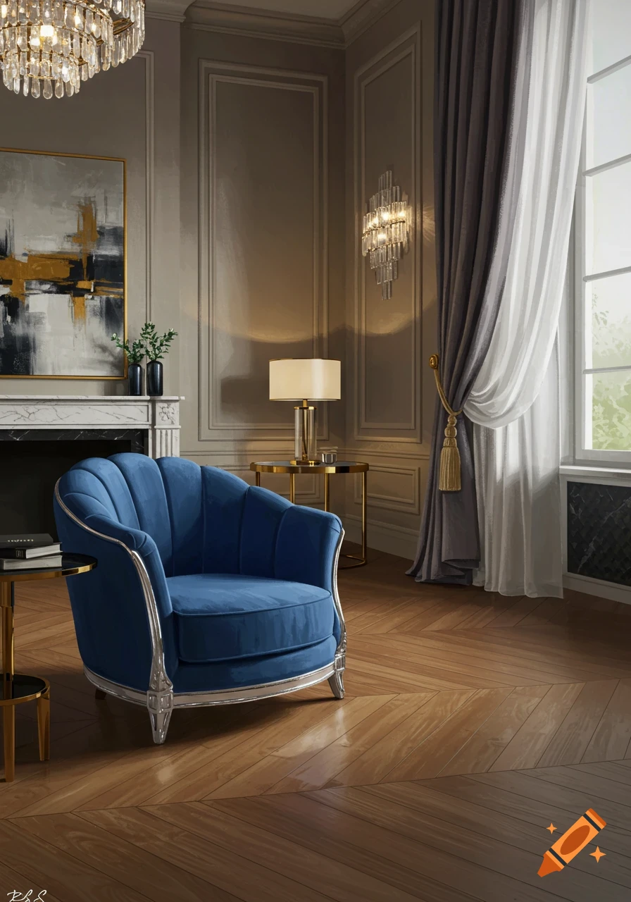 An elegant room with a blue velvet armchair, fireplace, chandelier, and a large window, in a realistic style.