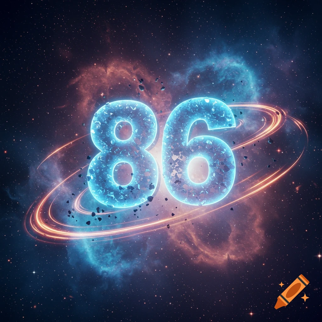 Glowing blue shattered numbers 86 in a cosmic nebula with orbiting rings and stars.