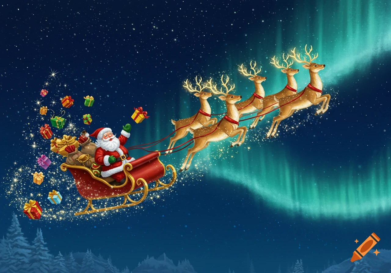 Santa Claus flies a sleigh pulled by reindeer across a starry night sky with aurora borealis, dropping colorful presents.
