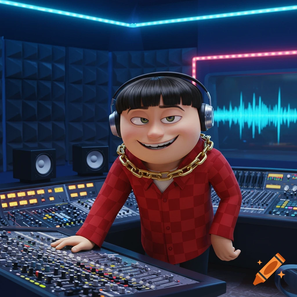 Cartoon character Vector, wearing headphones and a red checkered shirt, smiles while at a sound mixing board in a recording studio with blue and red lights.