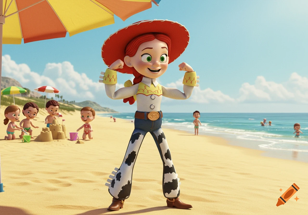 Jessie from Toy Story flexes her muscles on a sunny beach with other cartoon children playing in the sand and water.