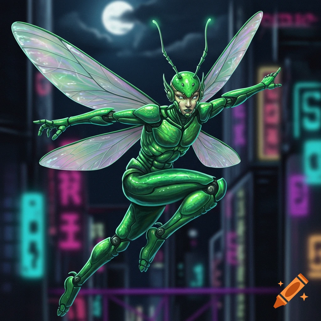 An anime-style green cyborg ninja with bug-like wings and antennas flies over a futuristic city at night under a full moon.