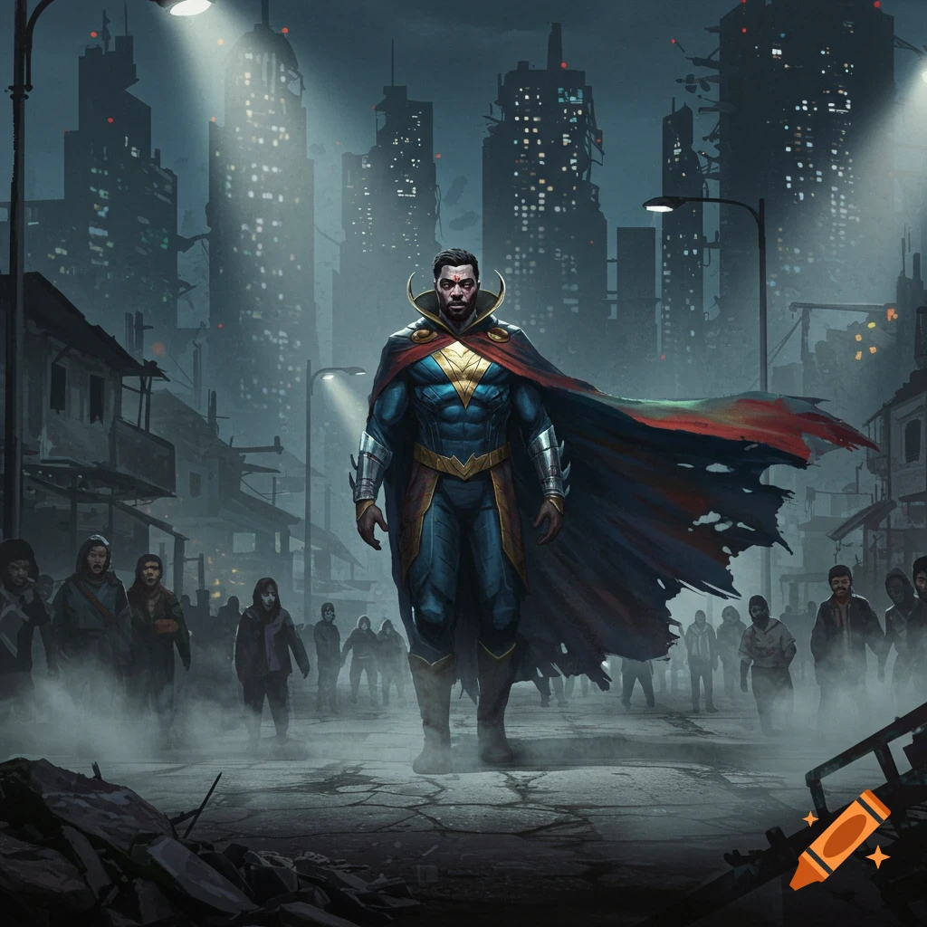 A dark-skinned superhero in a blue suit and tattered red cape stands in a ruined, smoky city street with shadowy figures.