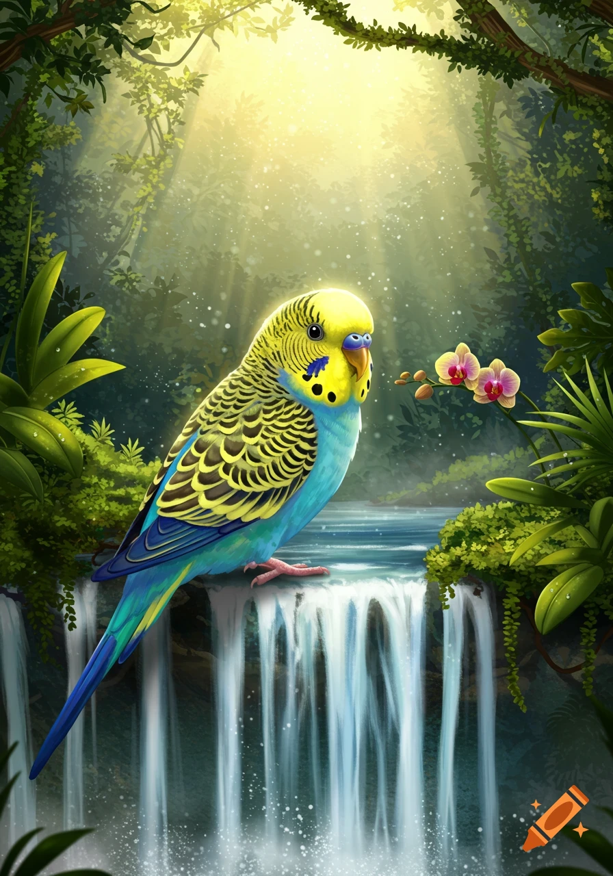 A vibrant yellow and blue budgie perches on a rock above a small waterfall in a lush, sunlit jungle, with pink orchids.