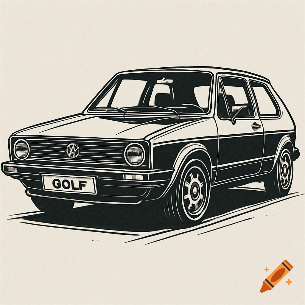 Black and white line art illustration of a classic VW Golf 1 car from the front-left.