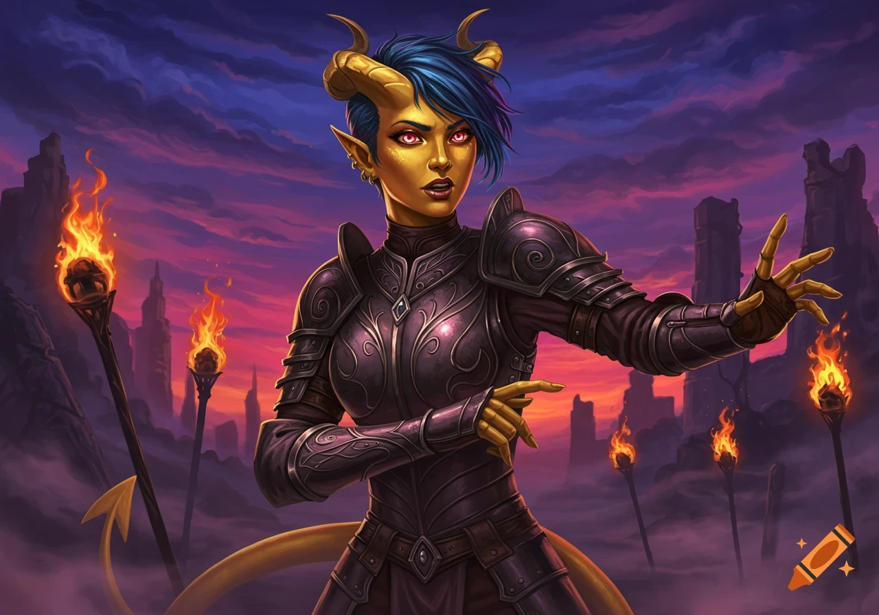A gold-skinned female tiefling in dark armor with short blue hair and red eyes stands in a fantasy landscape with torches under a dramatic sunset.
