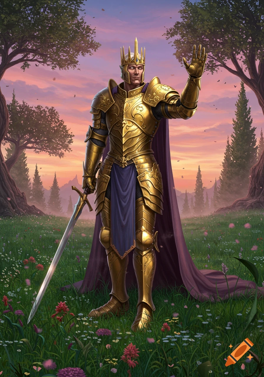 A king in shining golden armor, wearing a crown and cape, waves while holding a sword in a vibrant wildflower field at sunset.