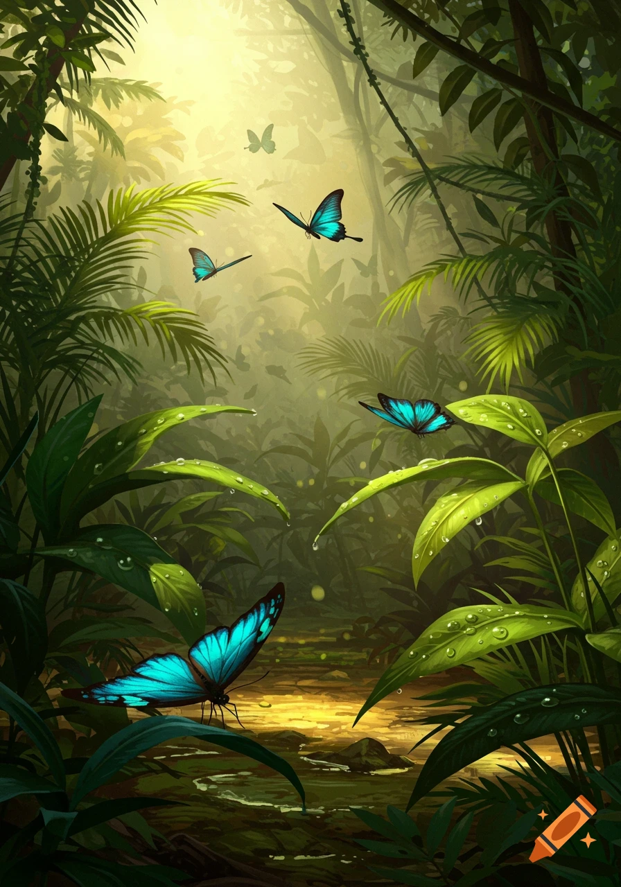 Vibrant illustration of blue butterflies flying through a lush rainforest with sunlight streaming through dew-kissed leaves.