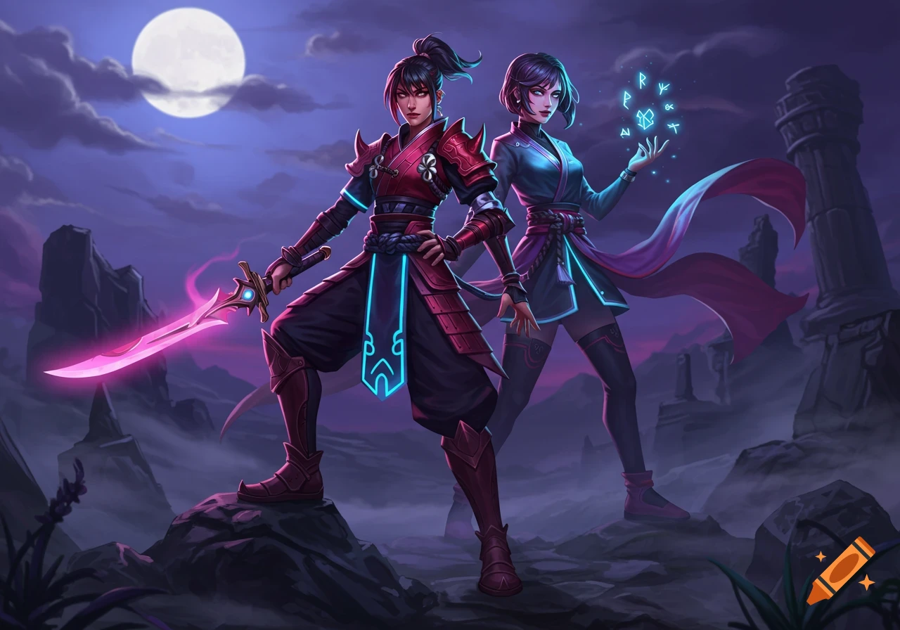 Two female fantasy warriors, one with a glowing pink sword and the other casting blue runes, stand under a full moon at night.