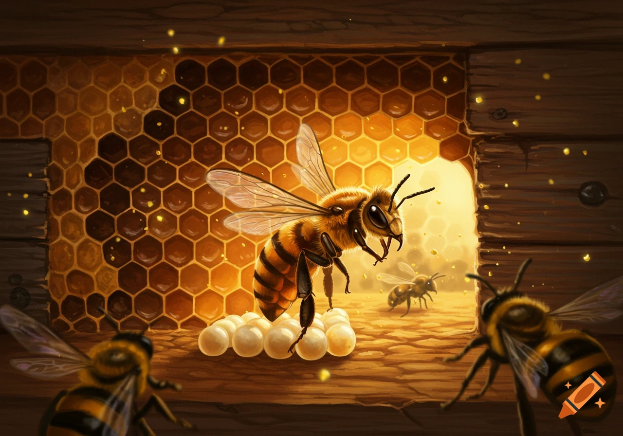 A detailed illustration of a queen bee laying eggs on a honeycomb inside a bustling beehive, with other bees nearby.