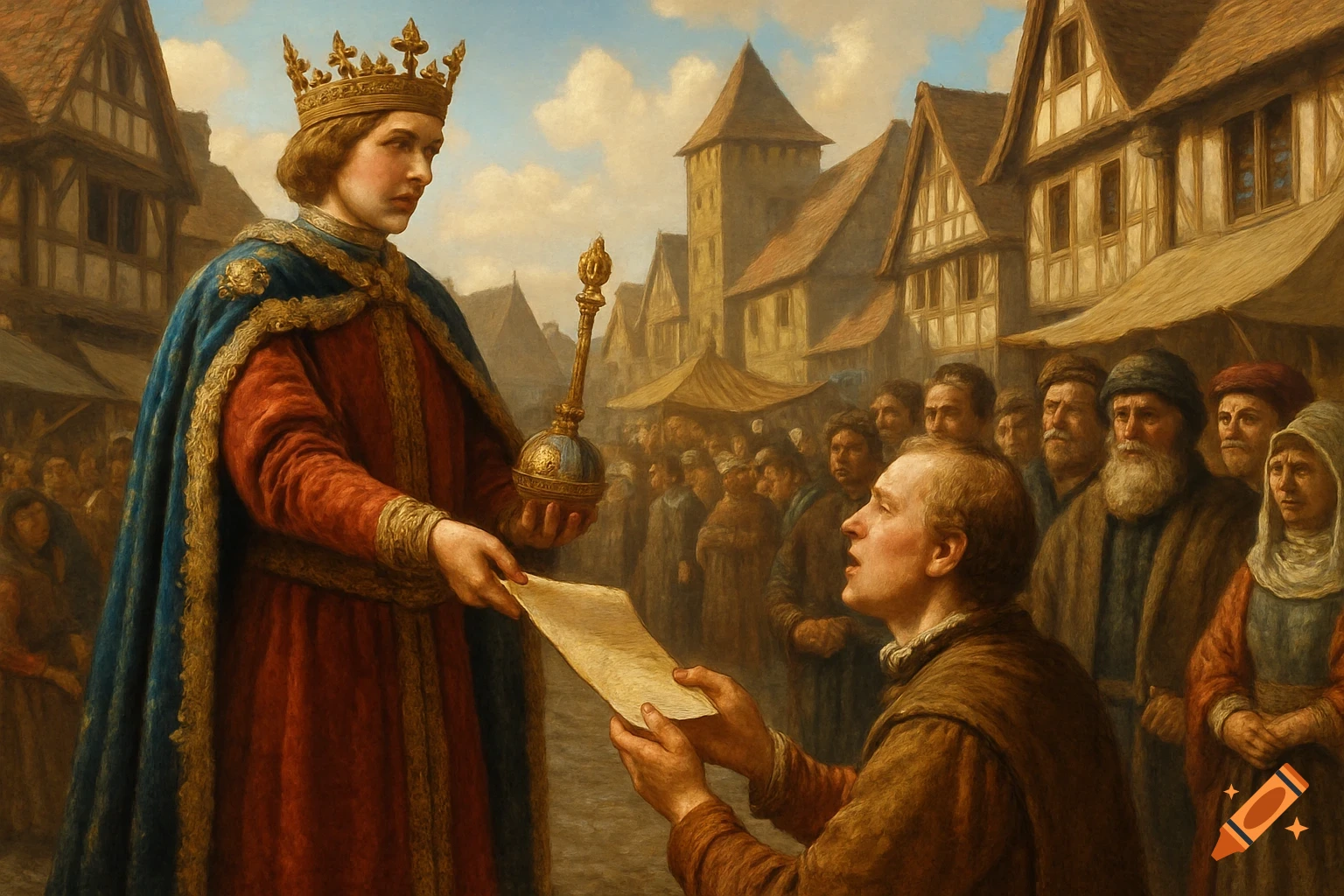 A king in a crown and royal robes stands in a medieval marketplace, handing a paper to a kneeling nobleman, with a crowd and village buildings in the background, in a realistic painting style.