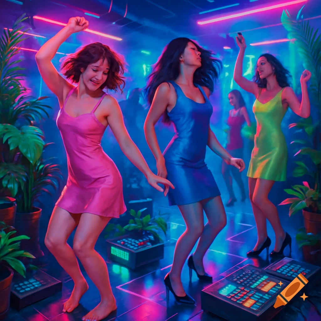 Four women dancing in a vibrant neon-lit nightclub, surrounded by plants and electronic music equipment on the floor.