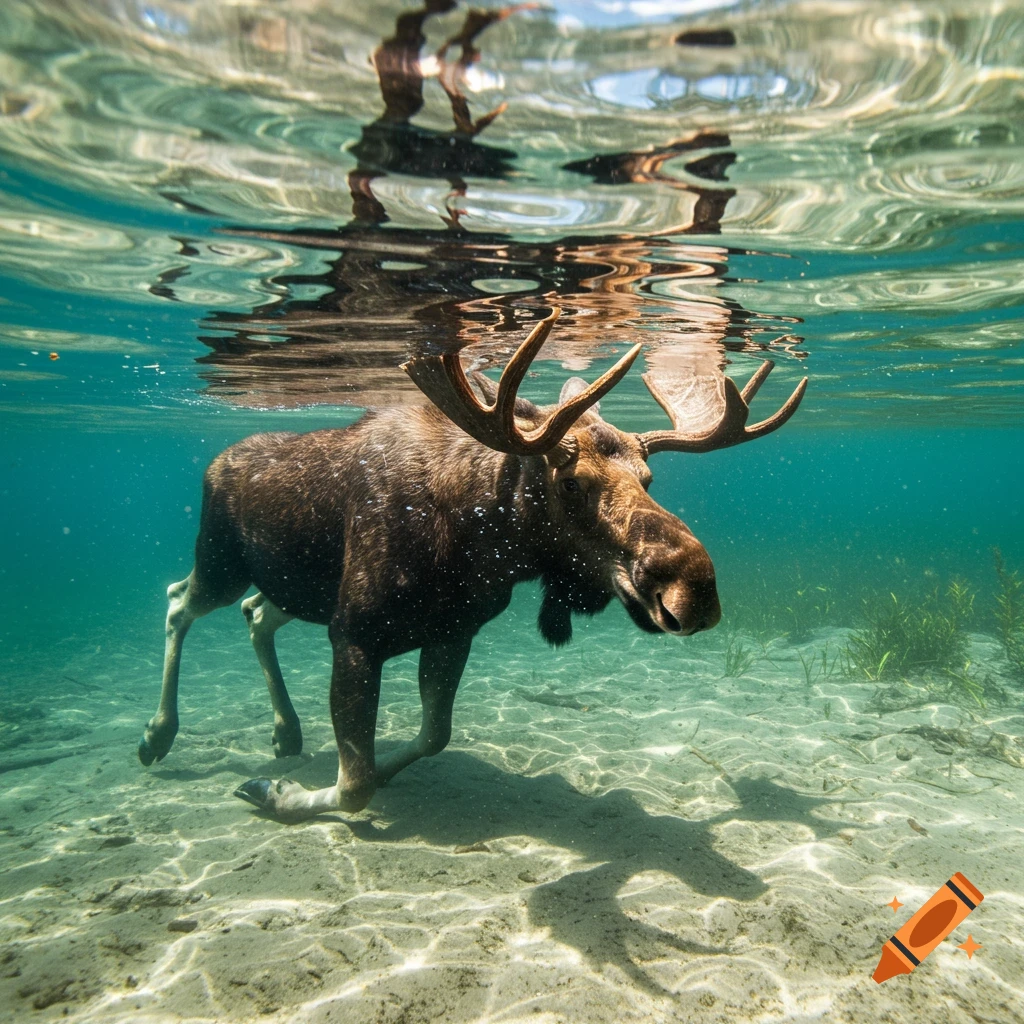 A large moose with impressive antlers swims just below the surface of clear, turquoise water, its reflection visible above.