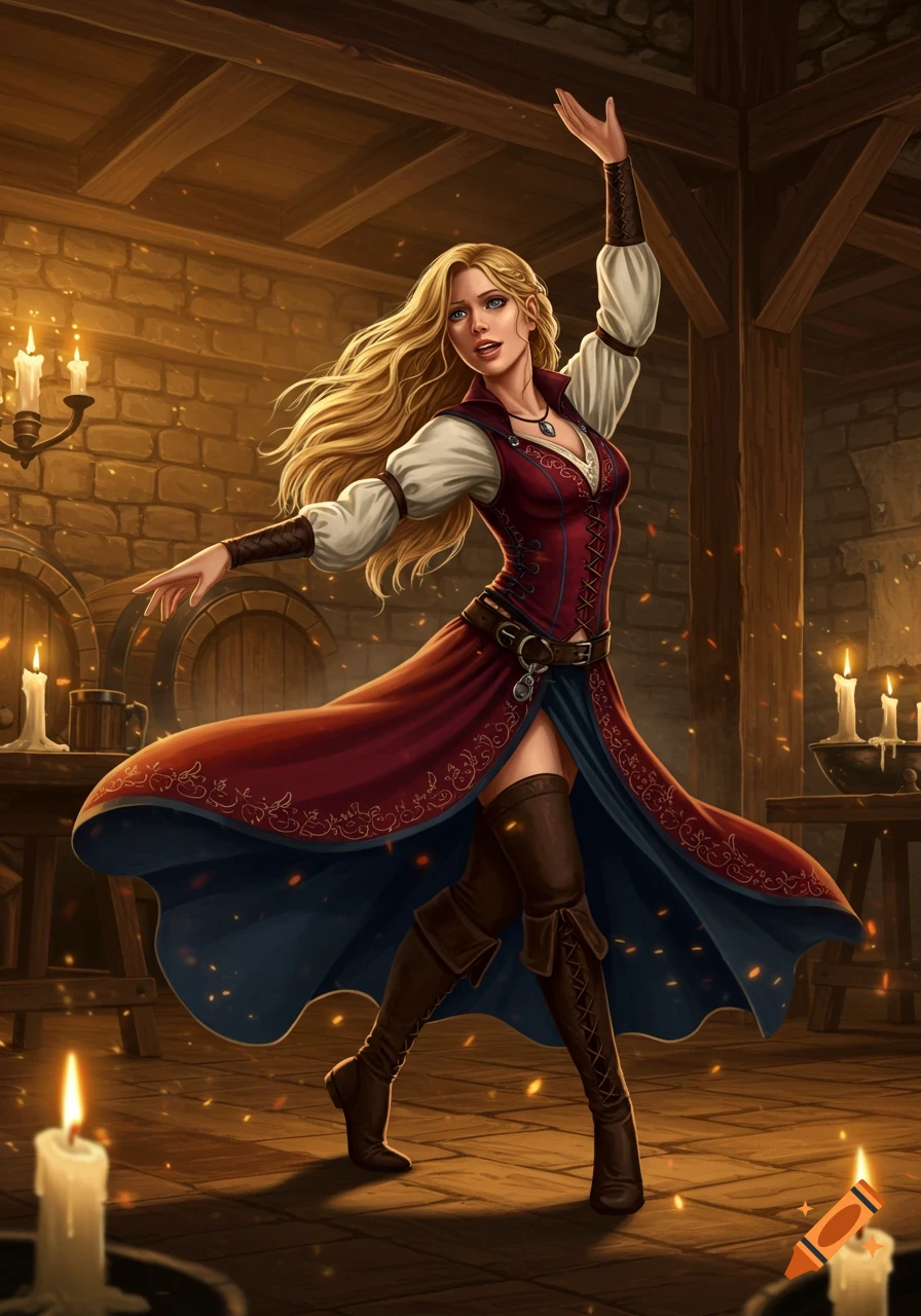 A blonde woman in a red and blue medieval dress and boots dances in a dimly lit tavern, surrounded by candles.