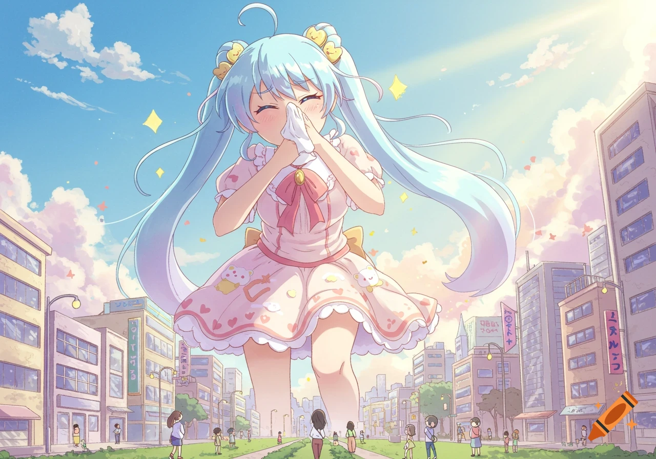 An anime giantess in a pink dress covers her mouth, about to sneeze, towering over a city street with tiny people.