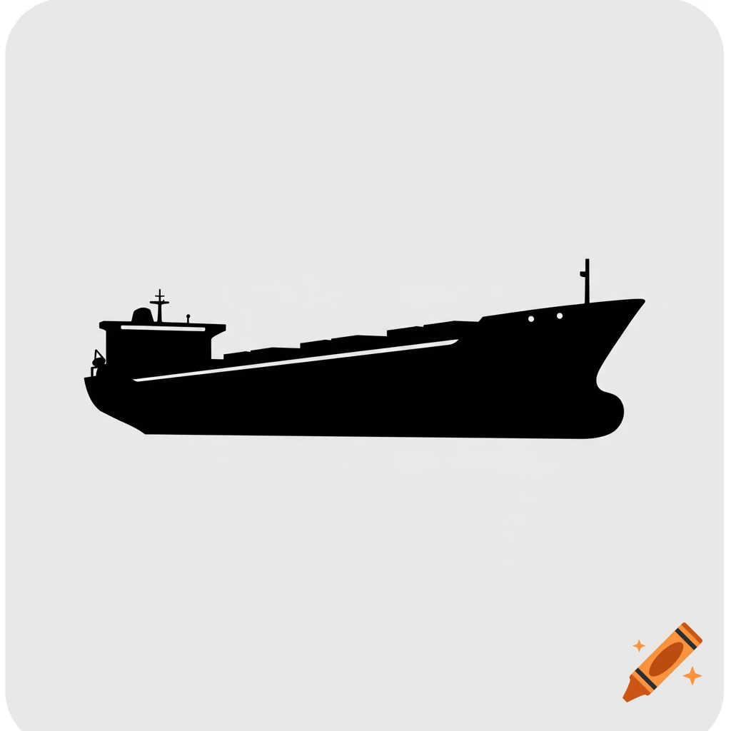 A minimalist black silhouette of a large shipping ship against a light grey background.