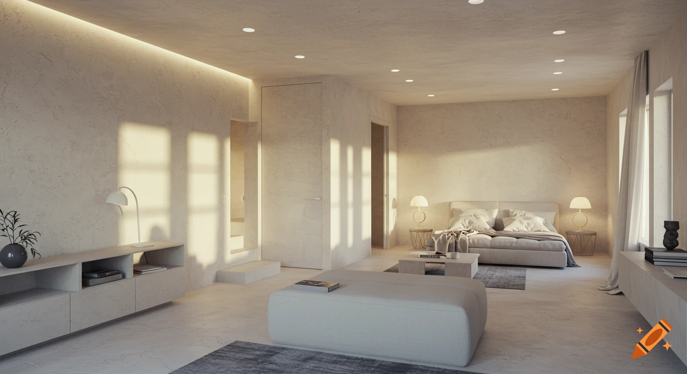 A bright, modern minimalist apartment interior with a bedroom and living space, featuring neutral tones, recessed lighting, and sunlight.