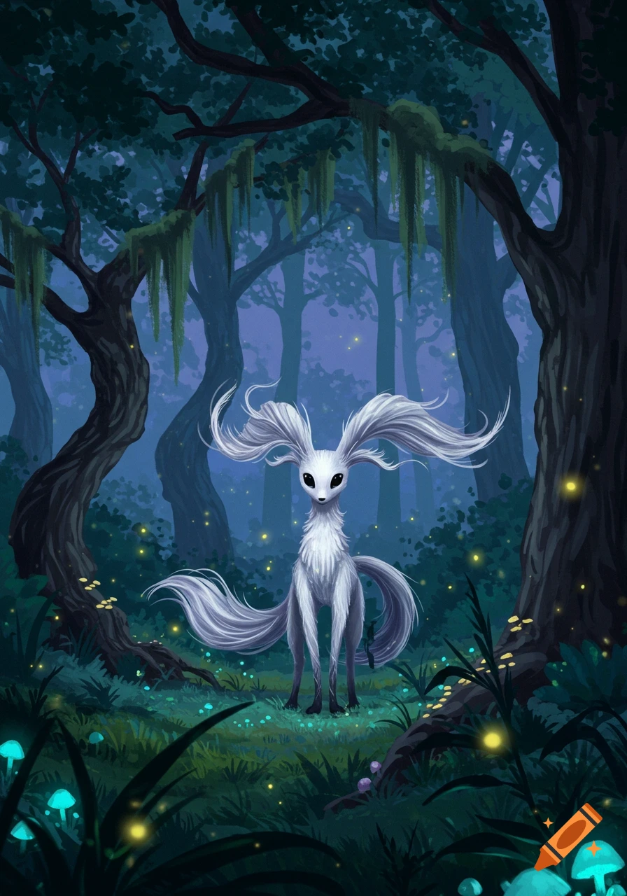 A mystical white deer-like creature with flowing fur stands in a dark, bioluminescent forest, surrounded by glowing mushrooms and fireflies.