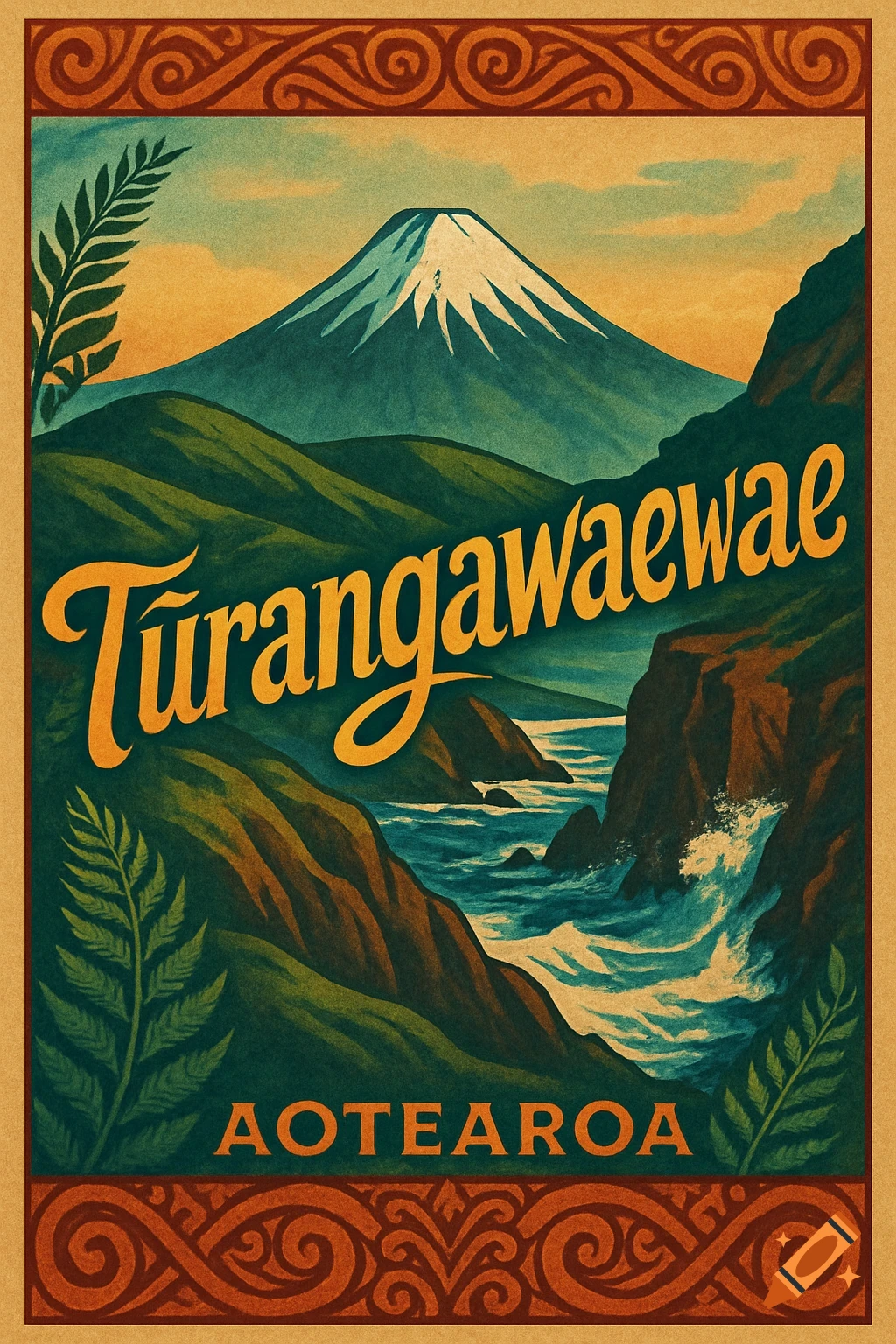 Vintage travel poster depicting a snow-capped mountain, green hills, and a rocky bay with crashing waves, framed by decorative borders and text "Turangawaewae Aotearoa".