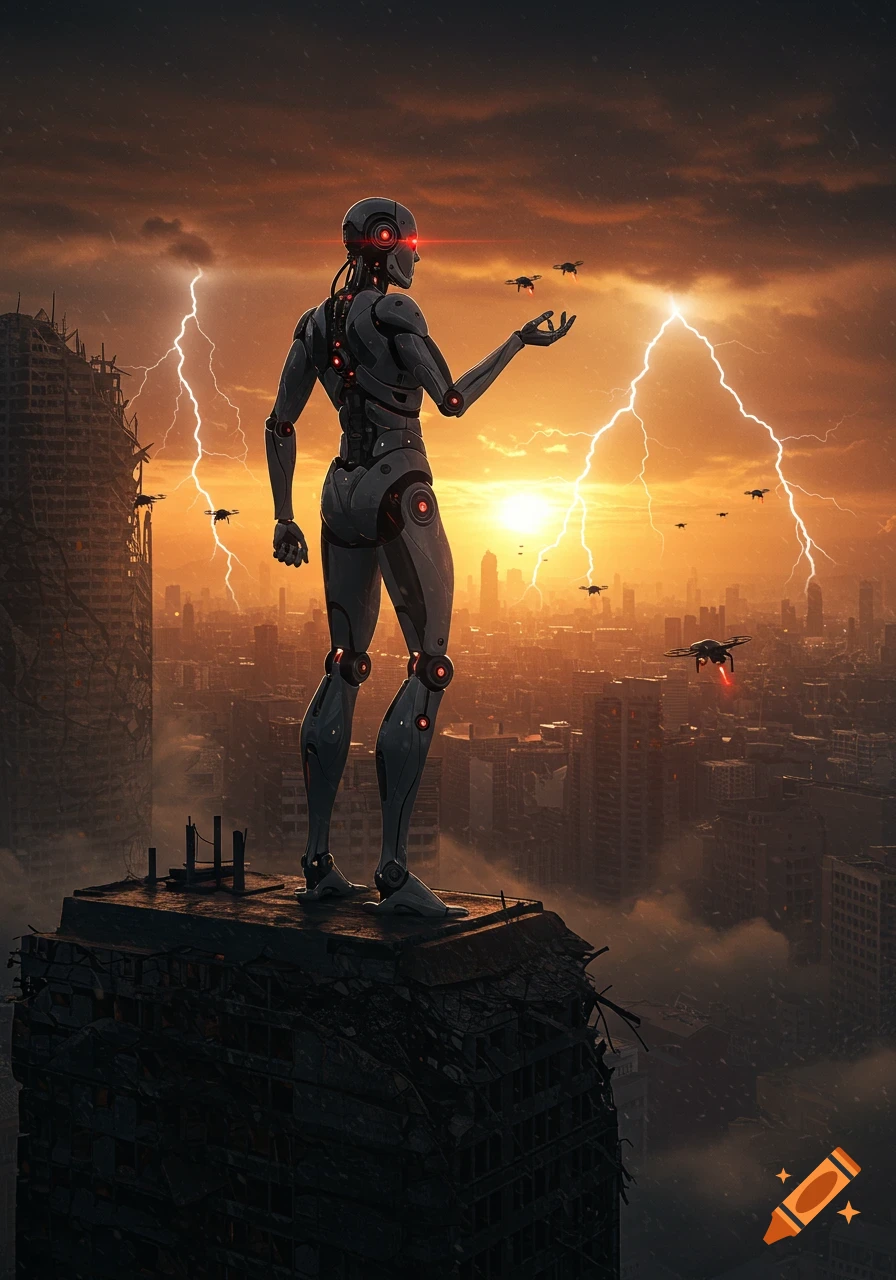 A humanoid robot stands on a destroyed skyscraper, observing a vast, ruined city at sunset with lightning and drones.