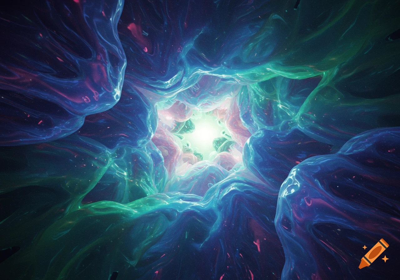 An abstract, glowing tunnel formed by swirling, translucent blue, green, and pink organic shapes, with a bright light at the end.