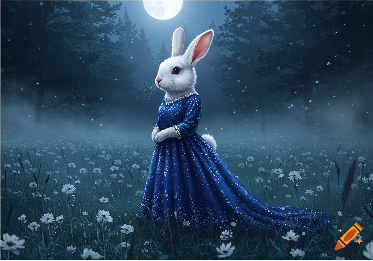 A white rabbit in a sparkling blue dress stands in a mystical moonlit forest with glowing particles and white flowers.